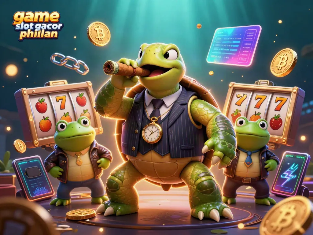 Mainkan game slot gacor pilihan dengan karakter menarik dari kartu gambar 3D yang menampilkan kura-kura besar dan pengawalnya di latar belakang kasino.