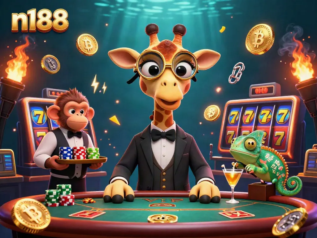 Join the fun at n188 with a vibrant 3D illustration of a high-roller giraffe at a lively casino.