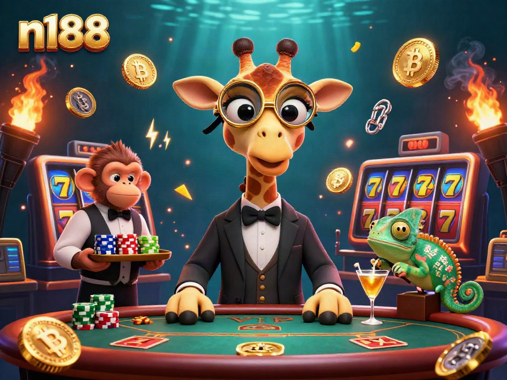 Join the fun at n188 with a vibrant 3D illustration of a high-roller giraffe at a lively casino.