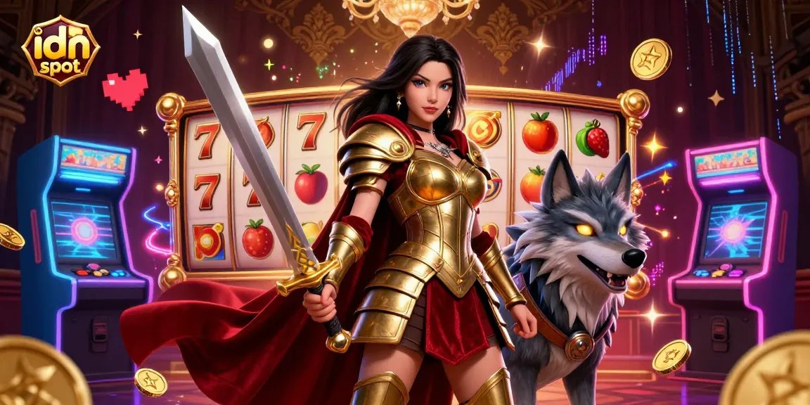 Engage with idn slot featuring a warrior queen with her armored wolf, surrounded by colorful slots and arcade elements.
