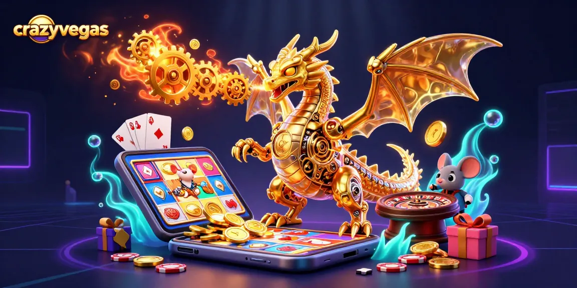 Experience dynamic gameplay at crazyvegas with a biomechanical dragon breathing cogs among gaming icons.