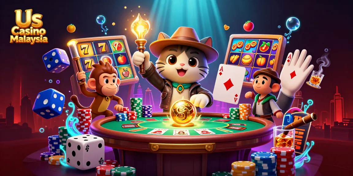 Experience thrill at Us Casino Malaysia with an archaeologist cat and monkey amid slot games.