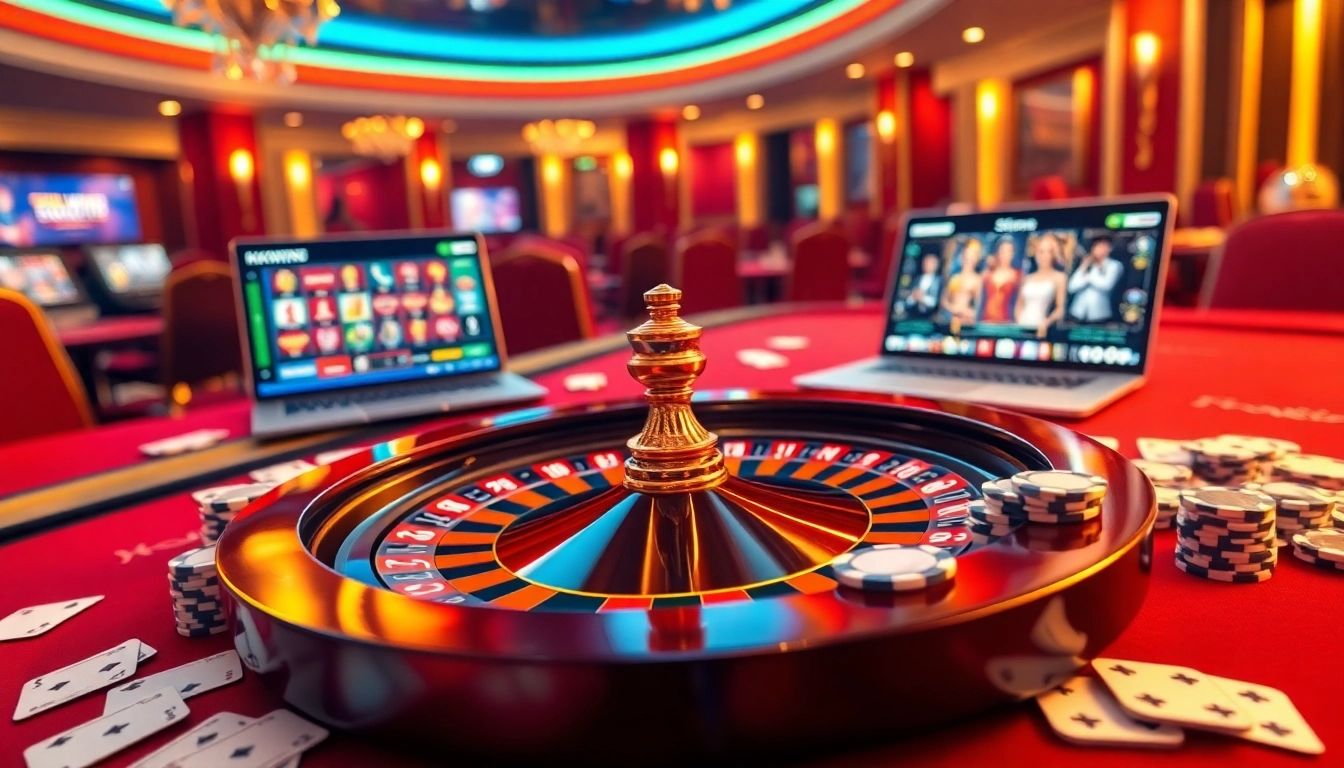 Experience thrilling gambling at https://kkwin.diy/ with an elegant casino scene illustrating poker chips and a roulette table.