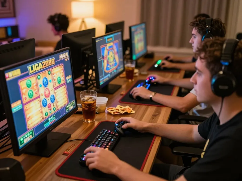 LIGA2000 players enjoying thrilling slot action in a vibrant home gaming setup with multiple screens