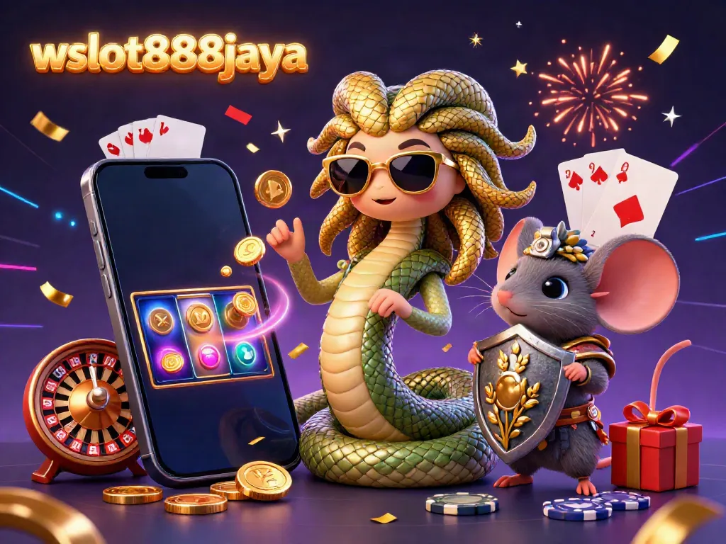 Mengguncang slot game dengan wslot888jaya, Medusa imut dan tikus pejuang berdiri ceria dikelilingi mesin slot dan koin emas.