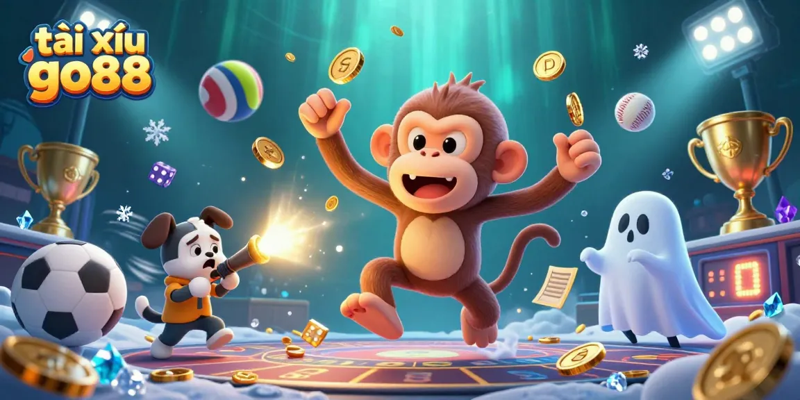 Engage in thrilling tài xỉu go88 action with a mischievous monkey and curious puppy in a haunted casino.
