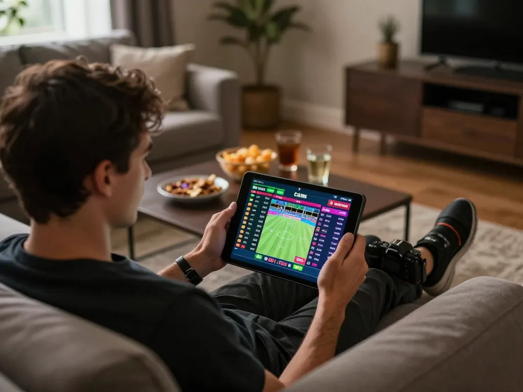Engaged in sports betting on tablet while exploring m125 odds in a cozy home environment