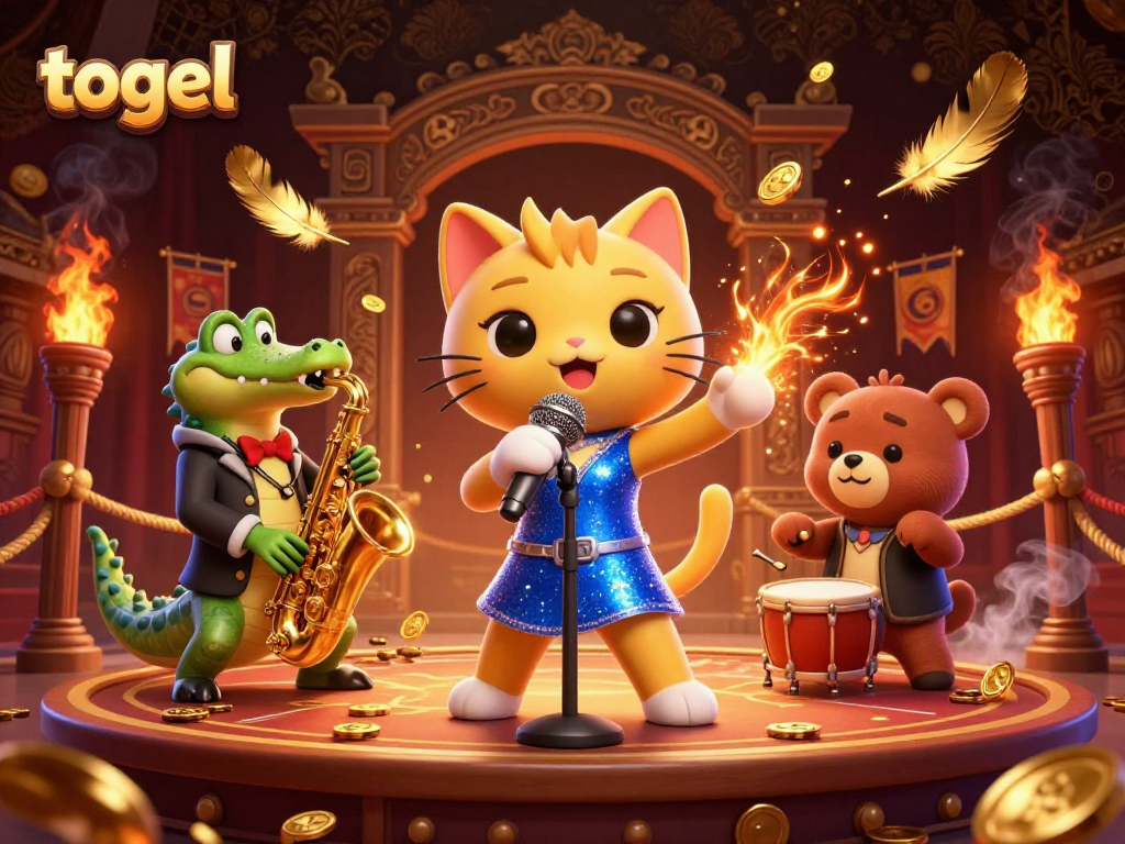 Watch the togel scene come alive with a jazzy cat, a crocodile, and a bear enjoying the casino vibe.