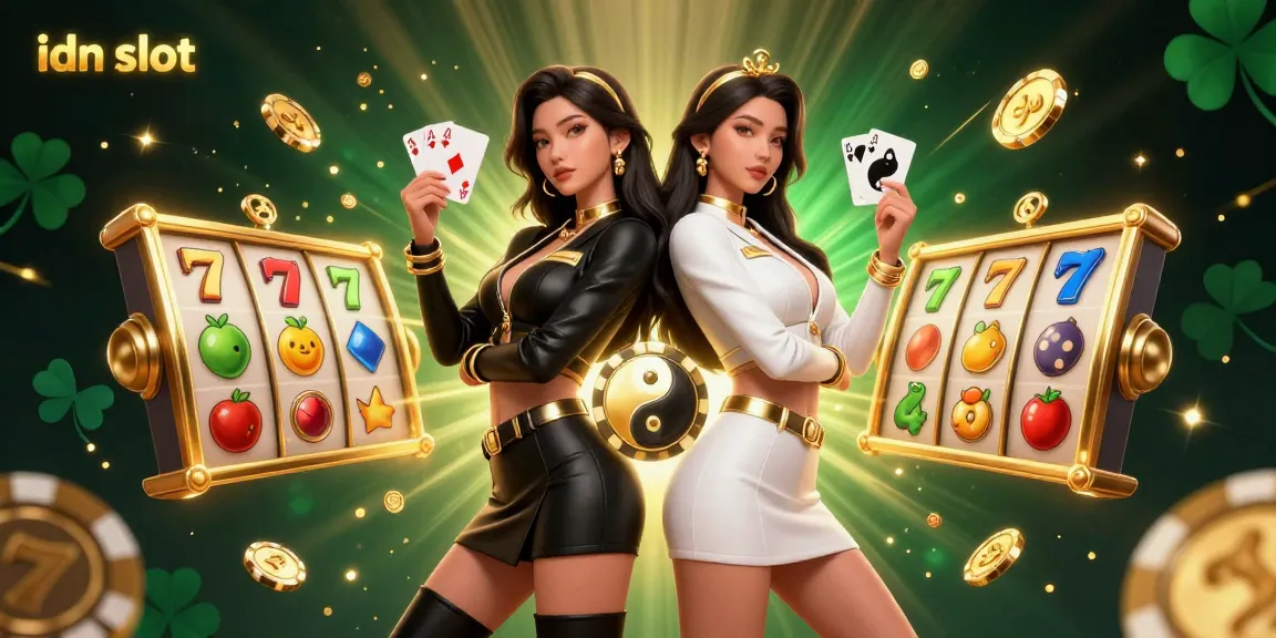 Experience the excitement of idn slot with twin Asian women showcasing powerful playing card skills amid vibrant slot elements.