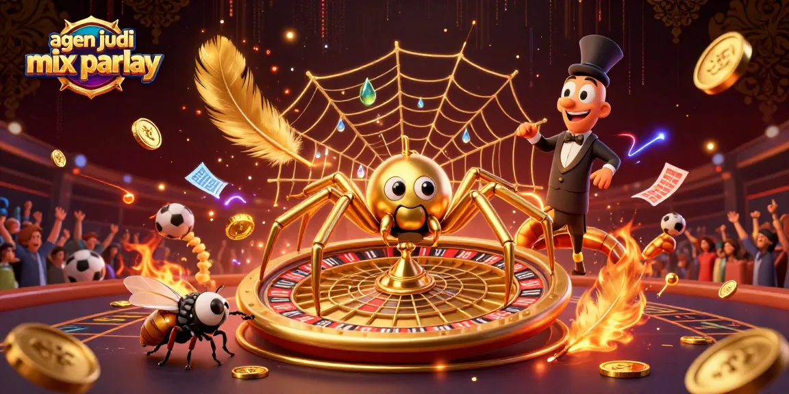 A dynamic illustration of a golden spider and fly in sports betting action, highlighting agen judi mix parlay with excitement and games.