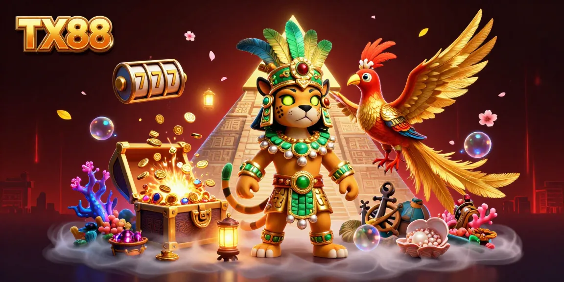 Engage in thrilling casino action with TX88, featuring a Mayan priest and vibrant game elements.
