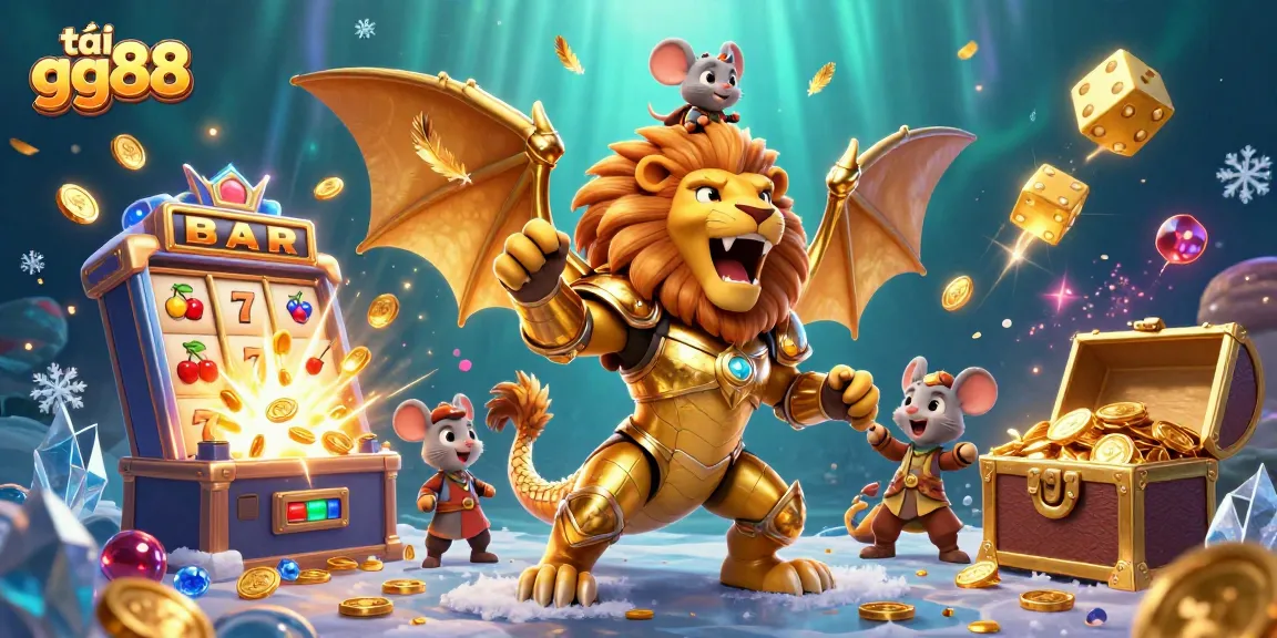 Experience the excitement of tải gg88 with a thrilling jackpot scene featuring a golden chimera, slot machine, and dazzling treasures.