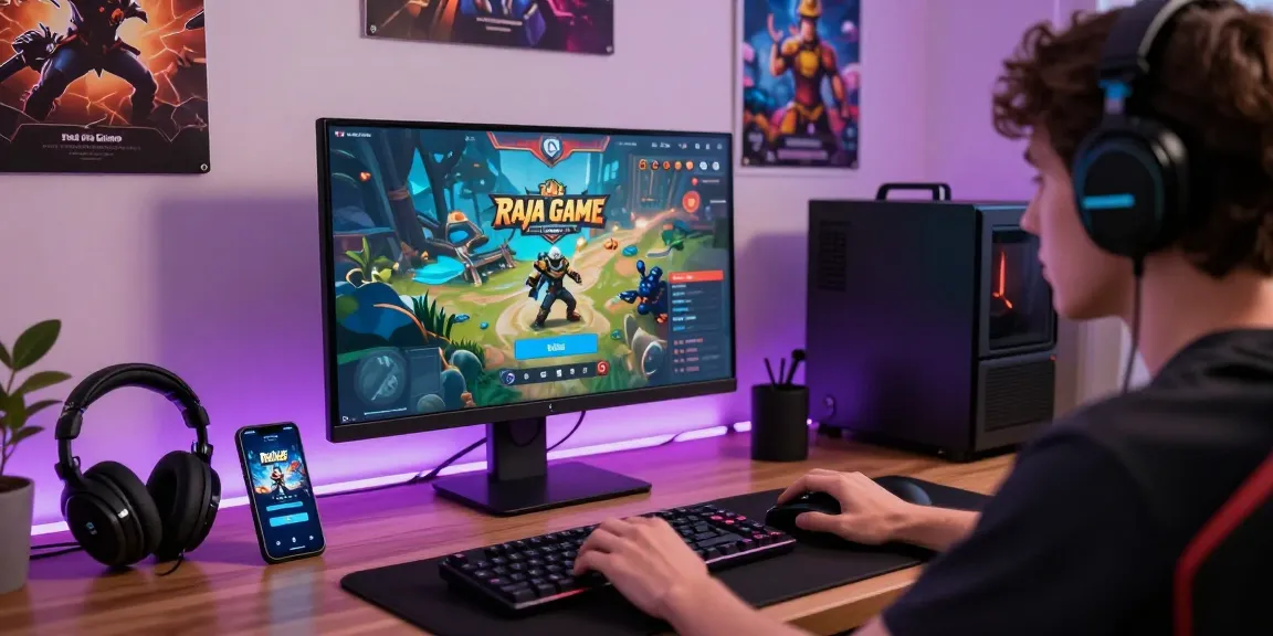 Raja Game login in a vibrant online gaming workspace with tech and accessories.
