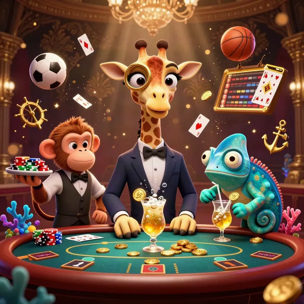 Giraffe, monkey, and chameleon at a casino poker table amid coins, cards, and neon glow.