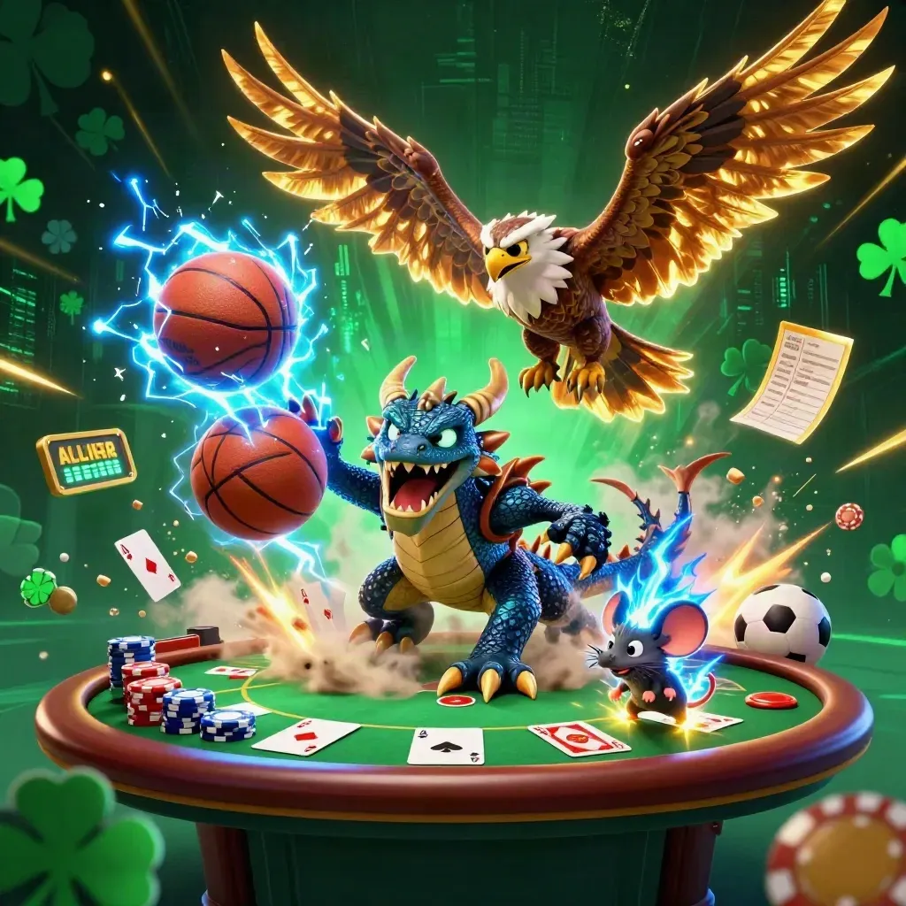 Thunder dragon, wind hawk, and static mouse amid casino chips, cards, and sports balls.
