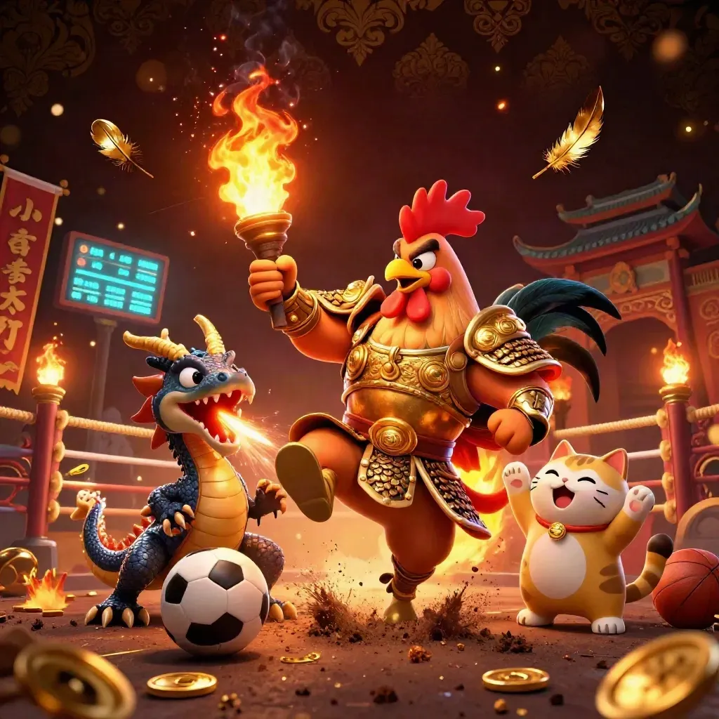 Rooster warrior, dragon hatchling and fortune-cat in a gold-lit casino derby scene.