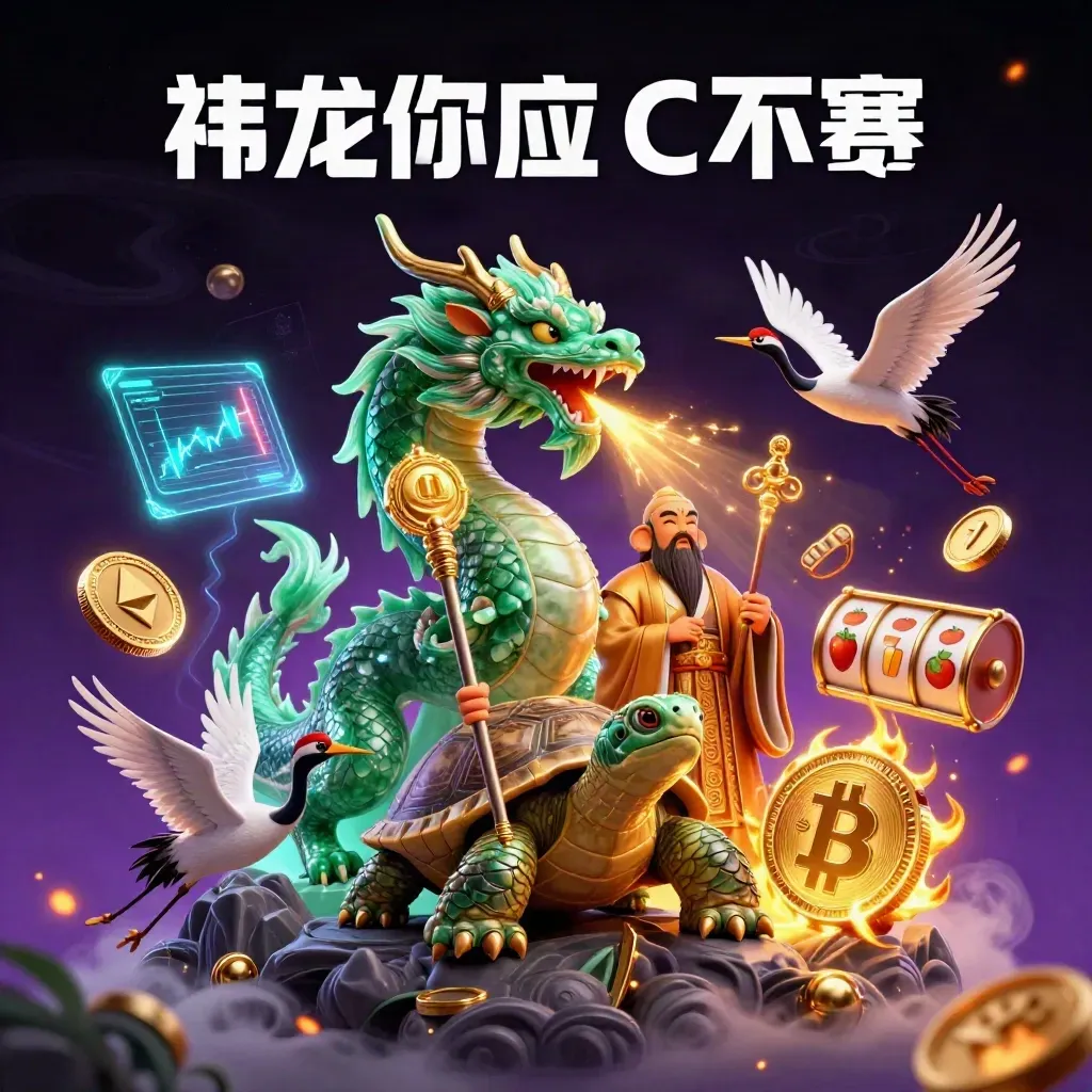 Emerald dragon, turtle sage, and cranes amid neon crypto and casino effects in a dark cosmic scene.