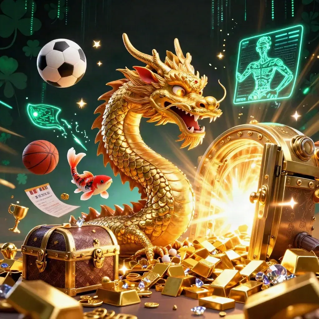Golden dragon with phoenix amid flying gold, sports balls, vault light, cyan energy, emerald haze.