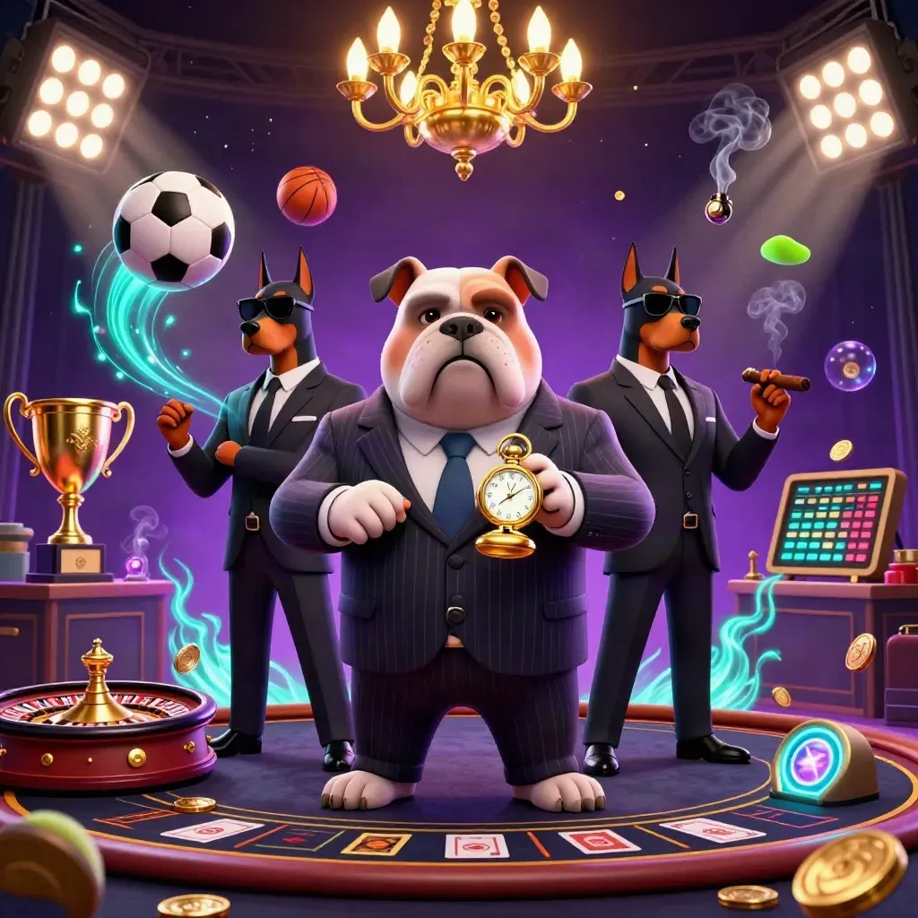 Mafia bulldog and Dobermans amid neon casino lights, flying sports balls, coins, trophy, and glowing effects.