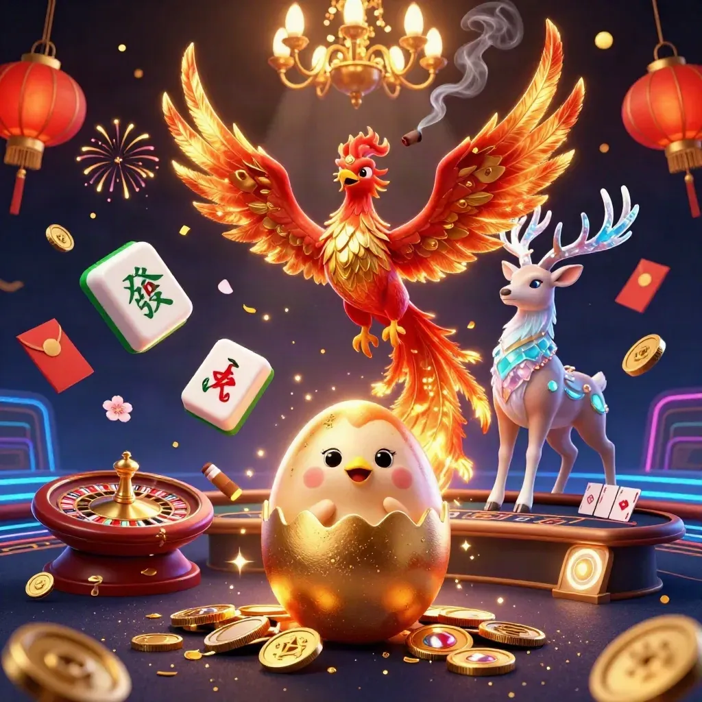 Phoenix, hatching egg, and crystal stag in a luxe neon casino scene with flying tiles and gold light