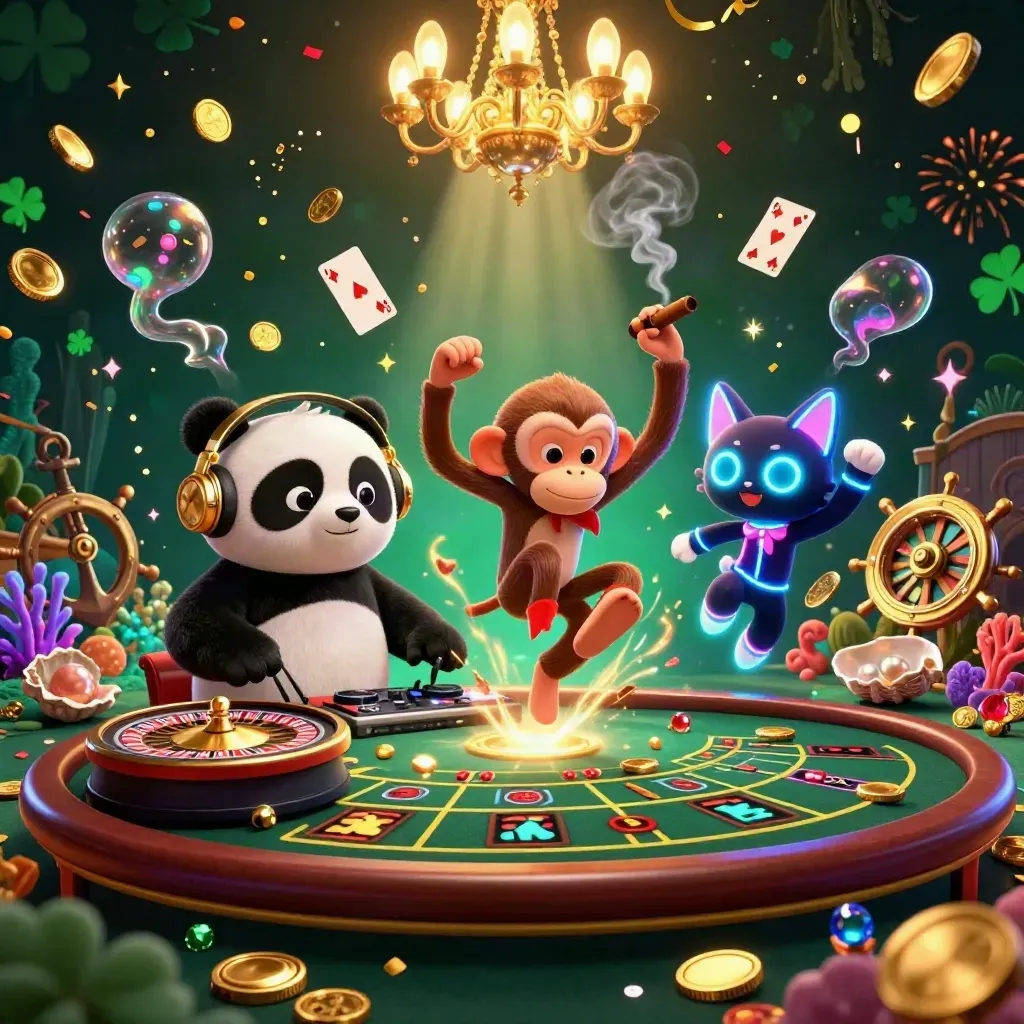 Three cartoon casino heroes with treasure cove effects, neon gold and cyan, in a luxe high-stakes scene.