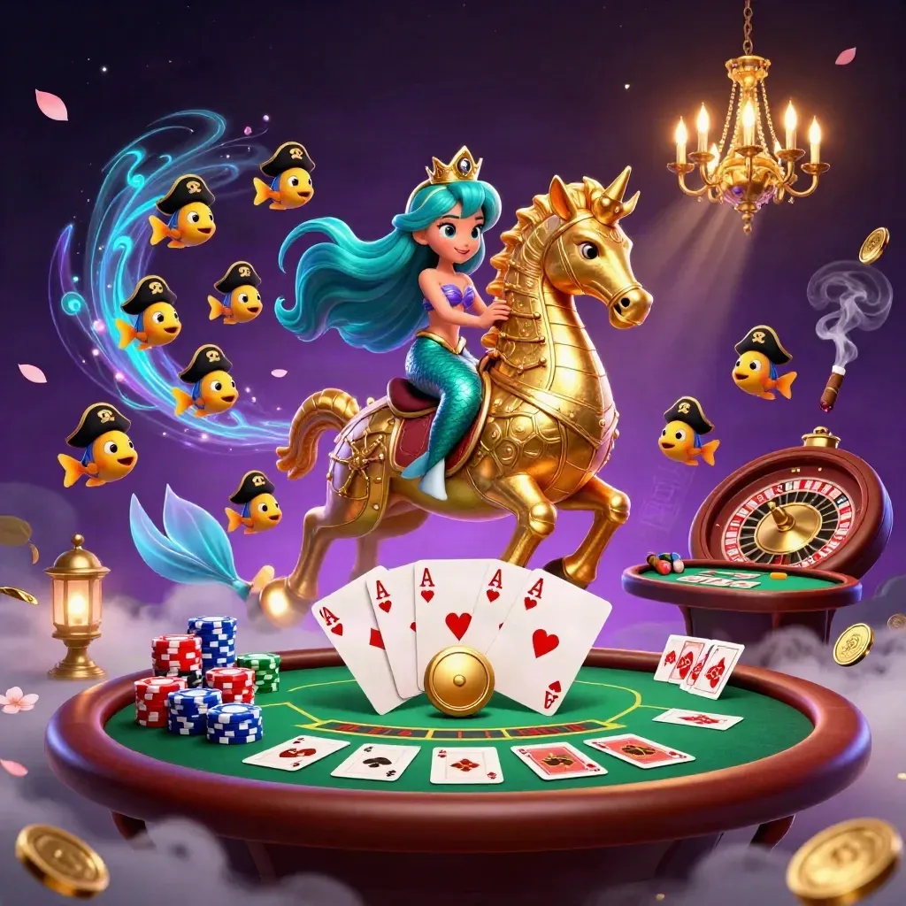 Mermaid princess on a golden seahorse amid casino chaos, neon purple sky and blazing chandelier.