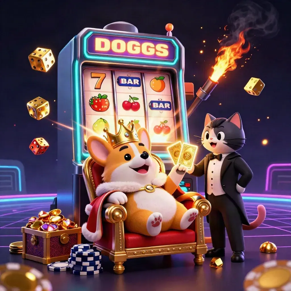 Royal corgi and cat butler amid jackpot burst, chips, gold, cyan glow, and treasure chest.