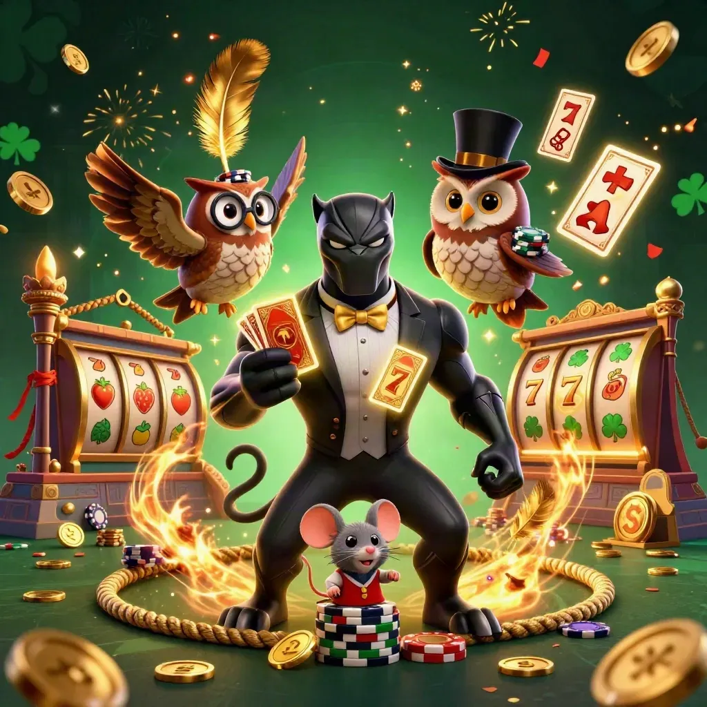 Panther, owl, and mouse gambling amid neon casino magic, chips, coins, and a temple backdrop.
