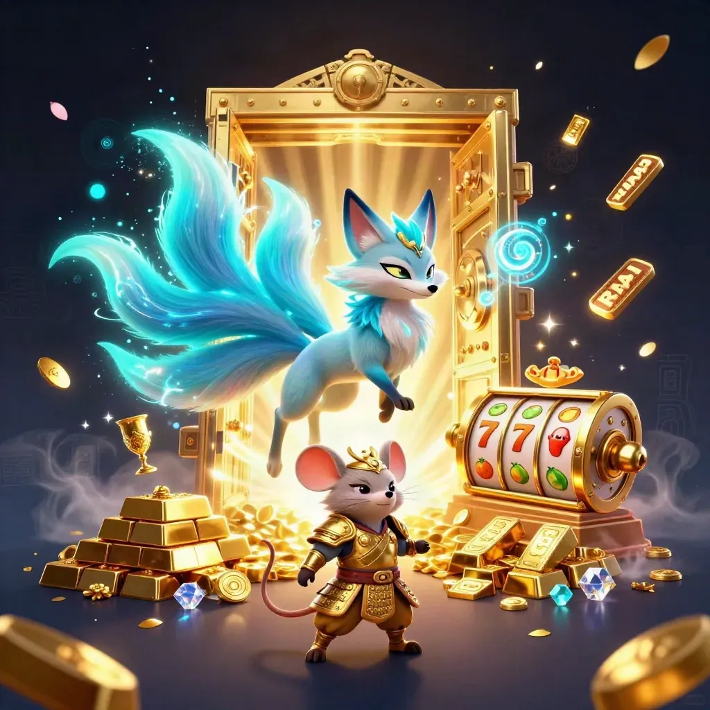 Nine-tailed fox spirit and golden mouse burst from a treasure vault in cyan casino glow.