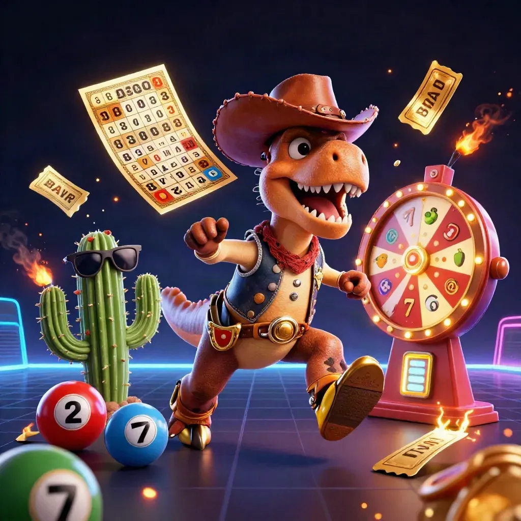Cowboy T-Rex, cactus sidekick, and sheriff roadrunner amid neon casino chaos.
