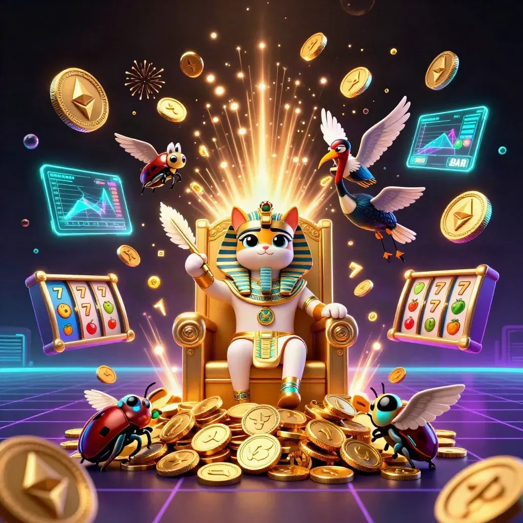 Pharaoh cat, ibis scribe, and gem-wing scarabs amid vault burst, coins, reels, and neon casino effects.