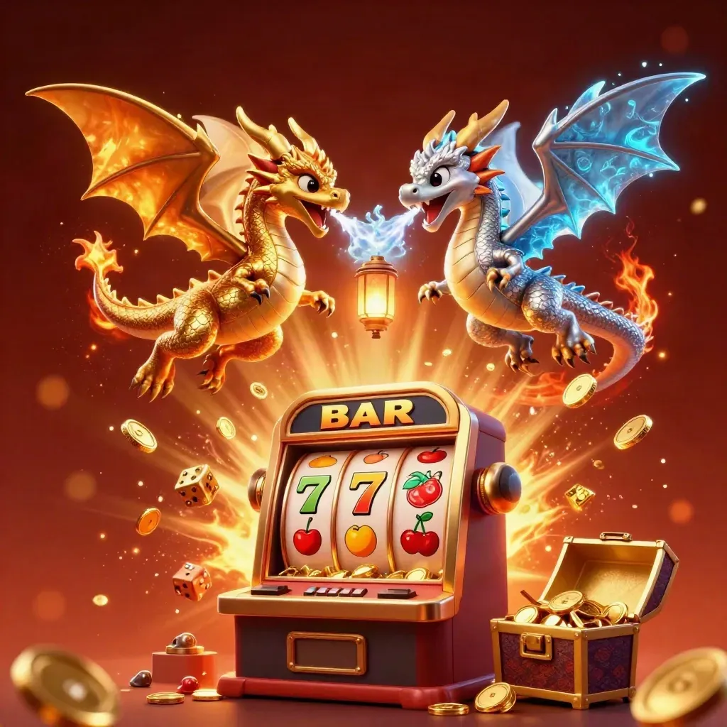 Gold and silver dragons swirl around a bursting slot machine with coins, dice, and fiery jackpot glow.