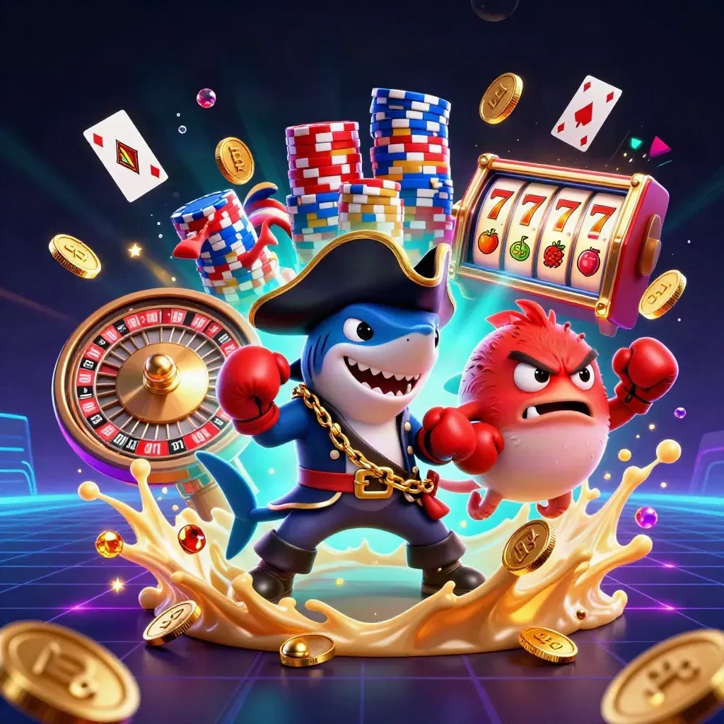 Pirate shark, boxing pufferfish, and juggling octopus amid coins, chips, cards, and neon casino glow.