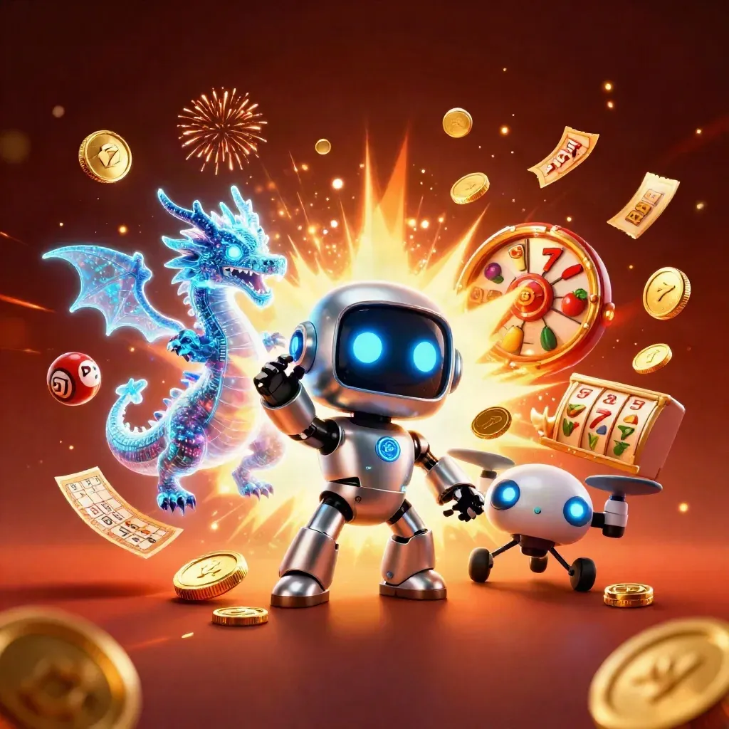 Cyberpunk robot, holographic dragon, and coin drone amid jackpot coins and casino effects.