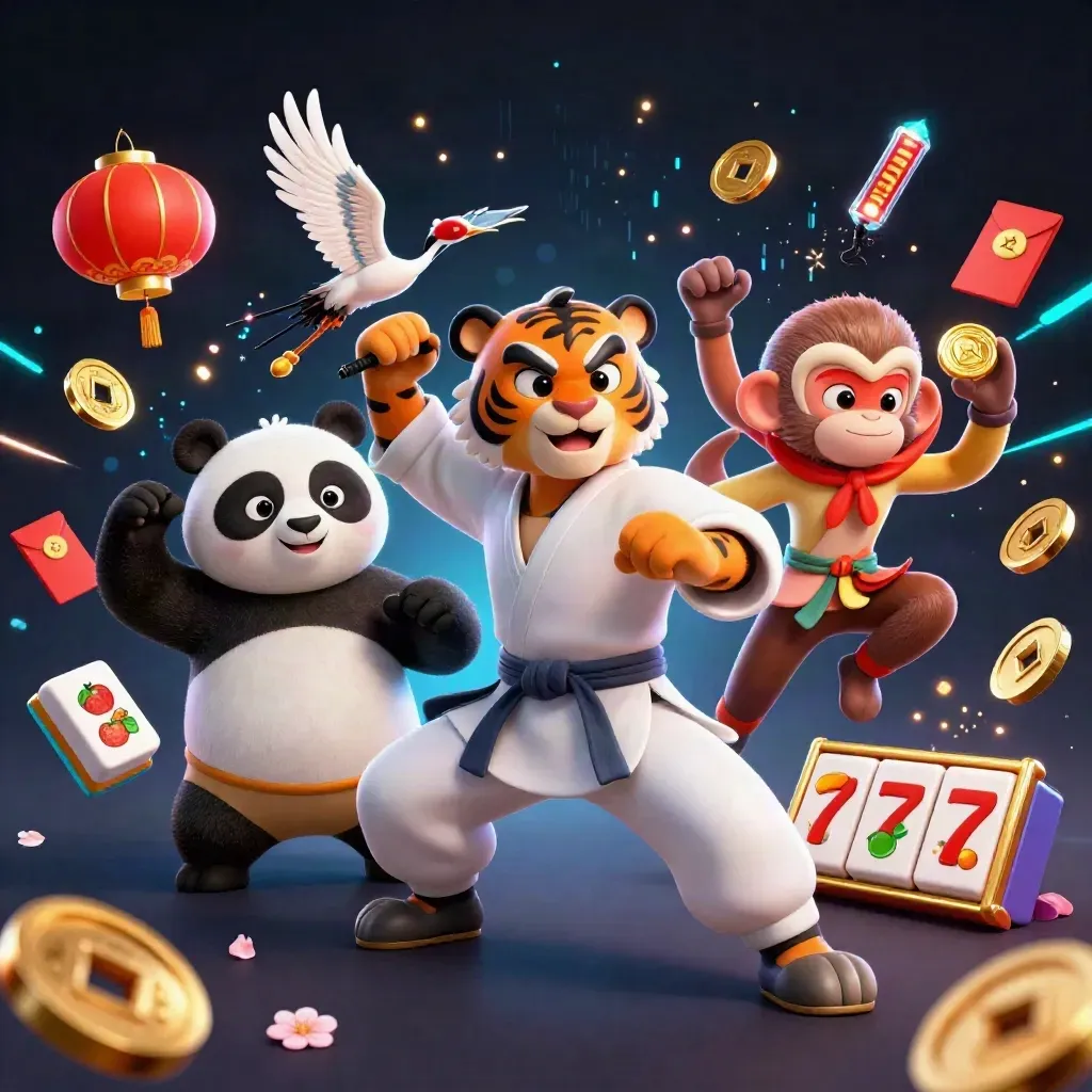 Kung-fu tiger, panda, and monkey amid jackpot slots, lanterns, coins, and neon energy.