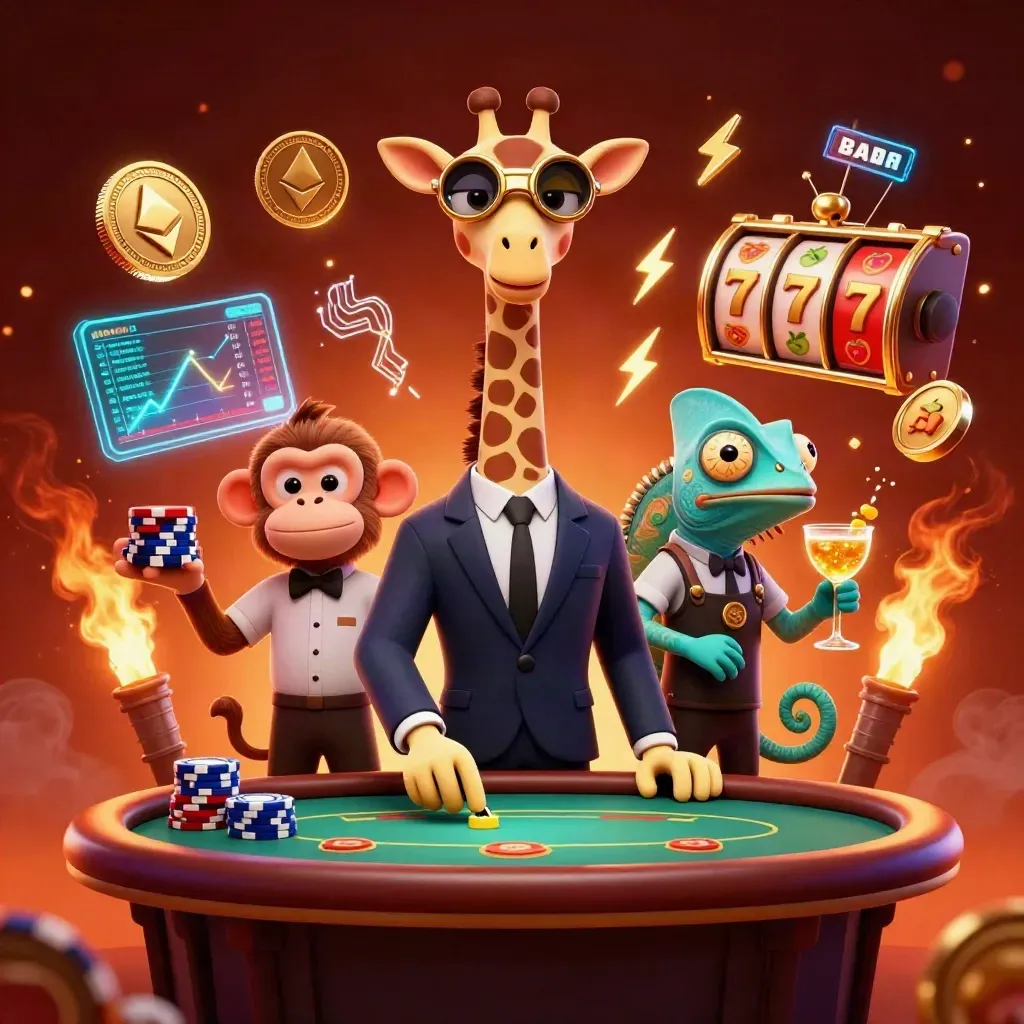 Giraffe high roller, monkey valet, and chameleon bartender amid neon crypto casino effects.