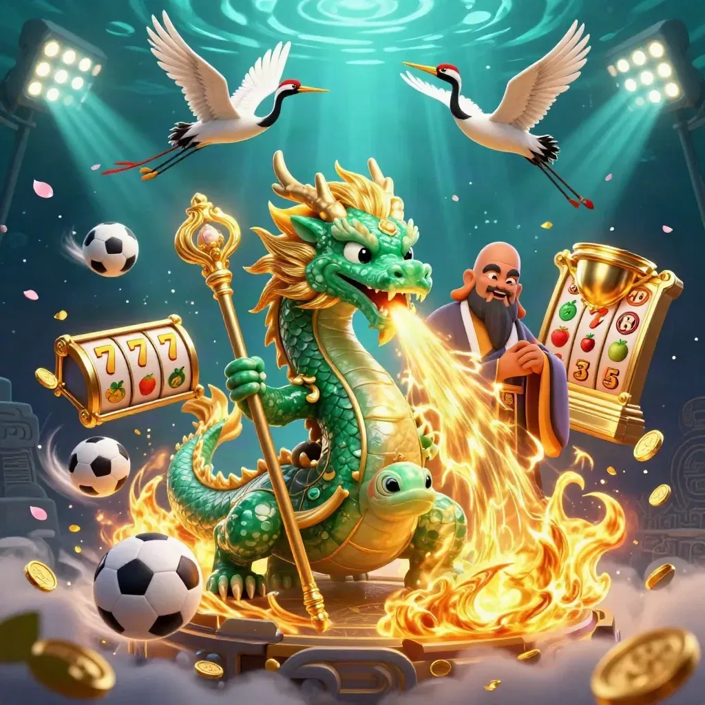 Emerald dragon, turtle sage, cranes and casino symbols in a glowing underwater jackpot scene.