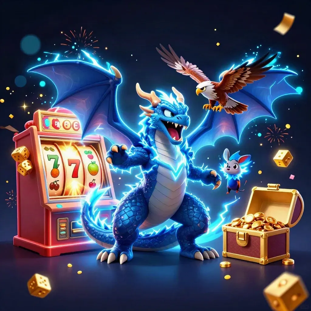 Thunder dragon, wind hawk, and static mouse amid a bursting jackpot slot machine in neon blue and gold.