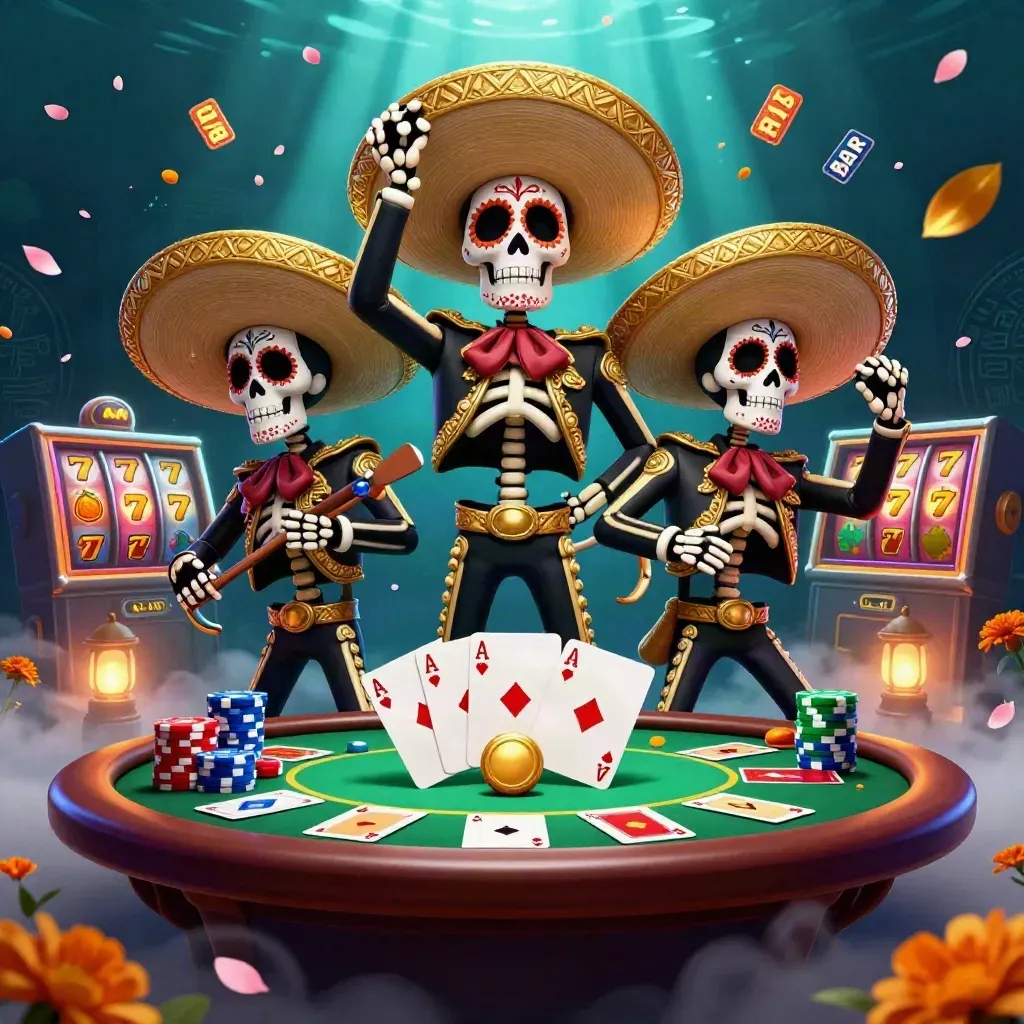 Skeleton mariachi trio amid chips, reels, and neon casino glow