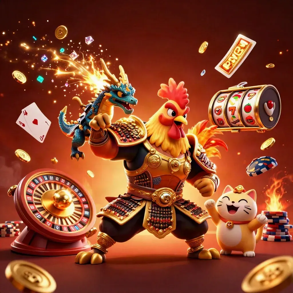 Rooster warrior, spark-breathing dragon hatchling and fortune cat amid casino gold and neon.