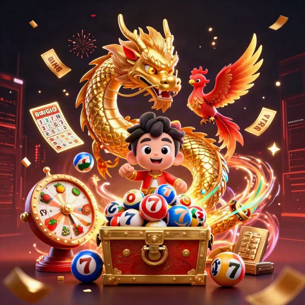 Golden dragon with phoenix, koi, jackpot chest, slots symbols and neon casino sparks on dark background.
