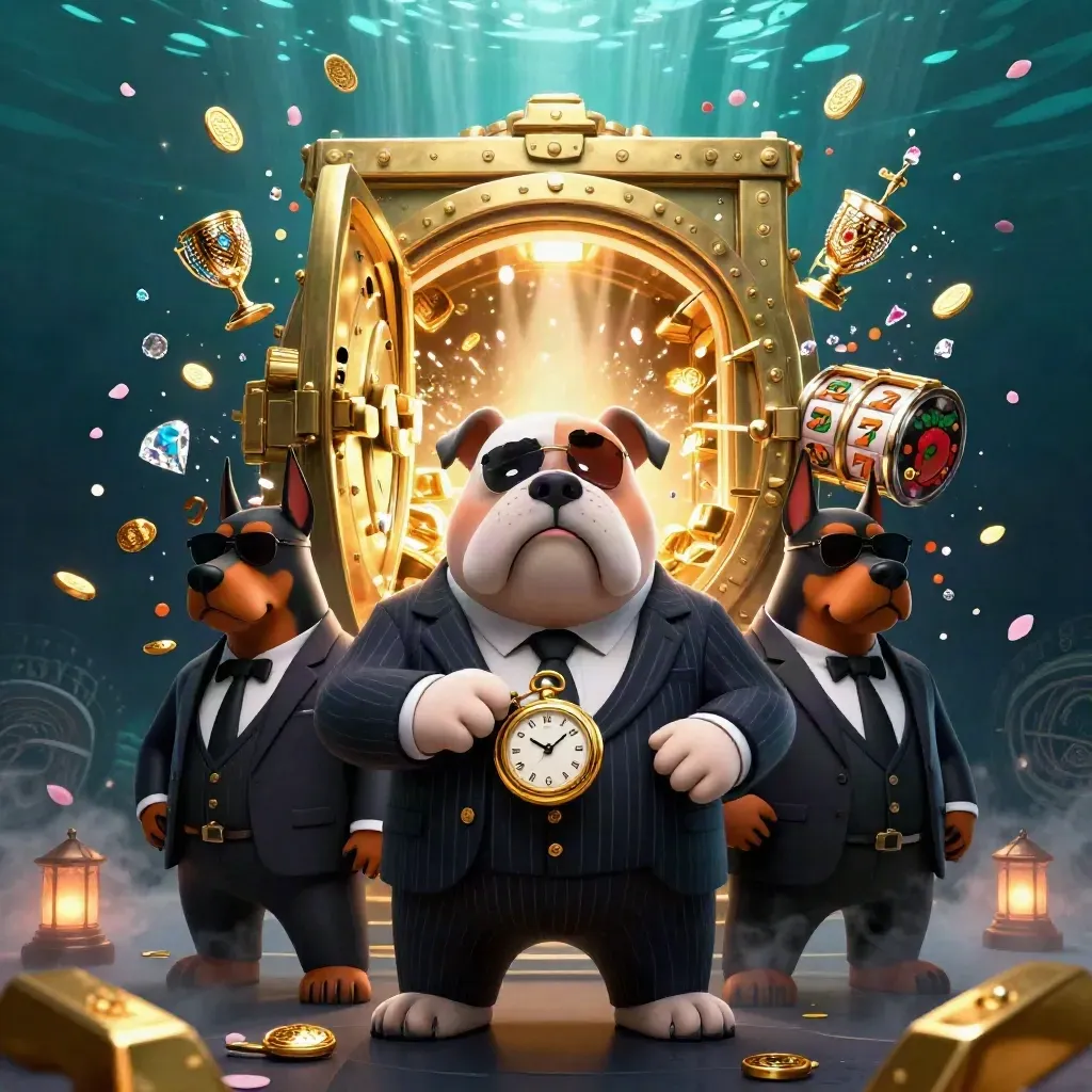 Bulldog mafia boss and Dobermans with a vault door, gold bars, slot symbols, and cyan-gold glow.