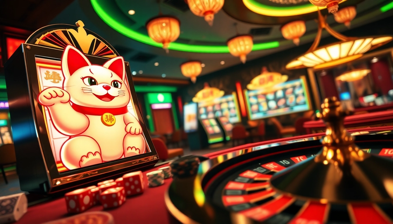 Experience excitement with the Lucky Neko PG Soft รับสปินฟรี slot machine, showcasing vibrant casino elements.