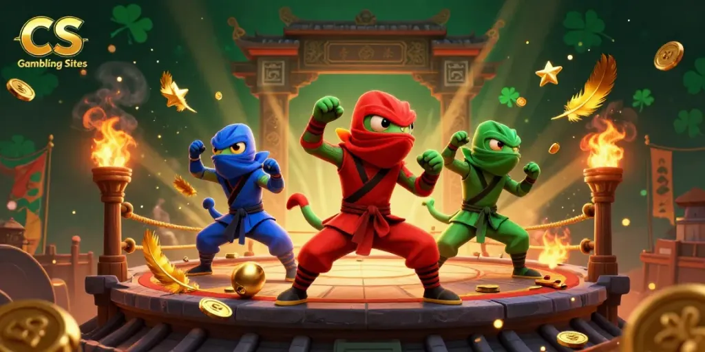 Experience the thrill of CS Gambling Sites with ninja chameleons showcasing martial arts amidst atmospheric effects and dazzling elements in a vibrant 3D scene.