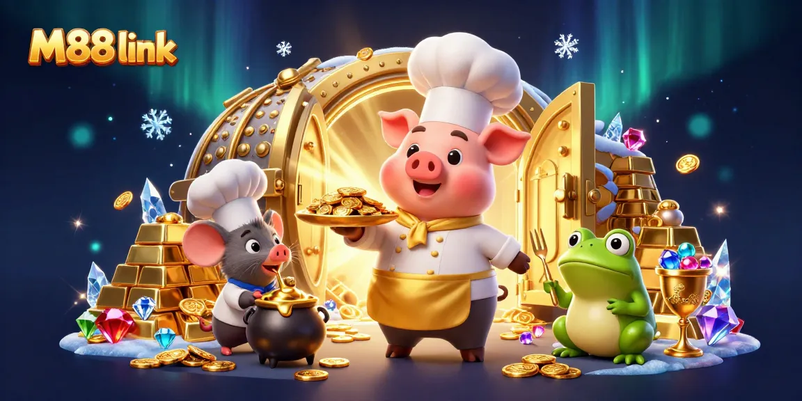 Experience the thrill of M88 link with vibrant casino characters and dazzling gold treasures.