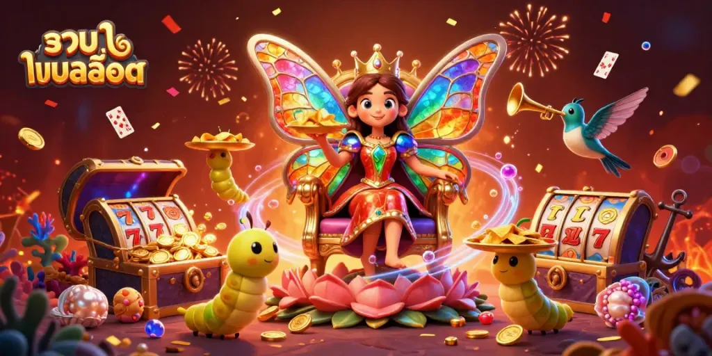 Experience the excitement of รวมเกมสล็อต with a vibrant 3D scene featuring a whimsical butterfly queen amidst dynamic casino elements.