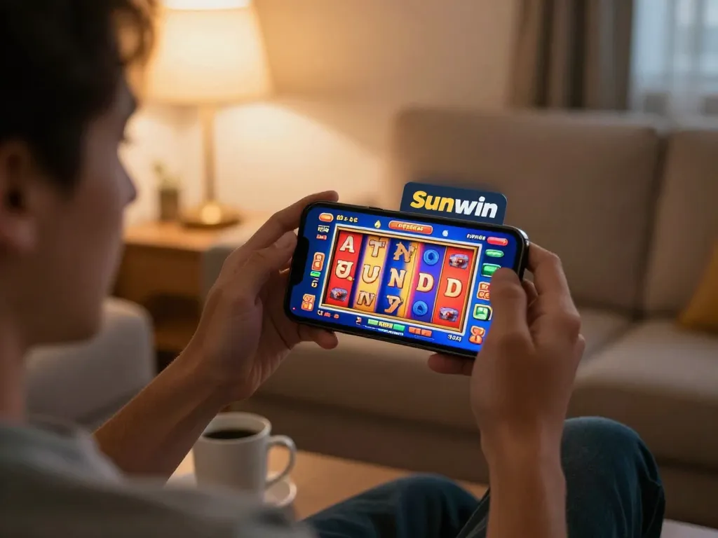 Player celebrating a win on the Sunwin app with a colorful slot game display in a cozy home.
