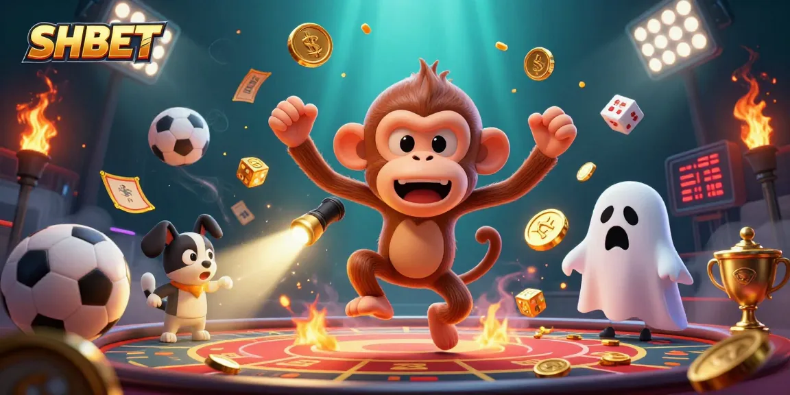 Engage in vibrant SHBET casino action with a playful monkey and curious puppy amidst golden rewards