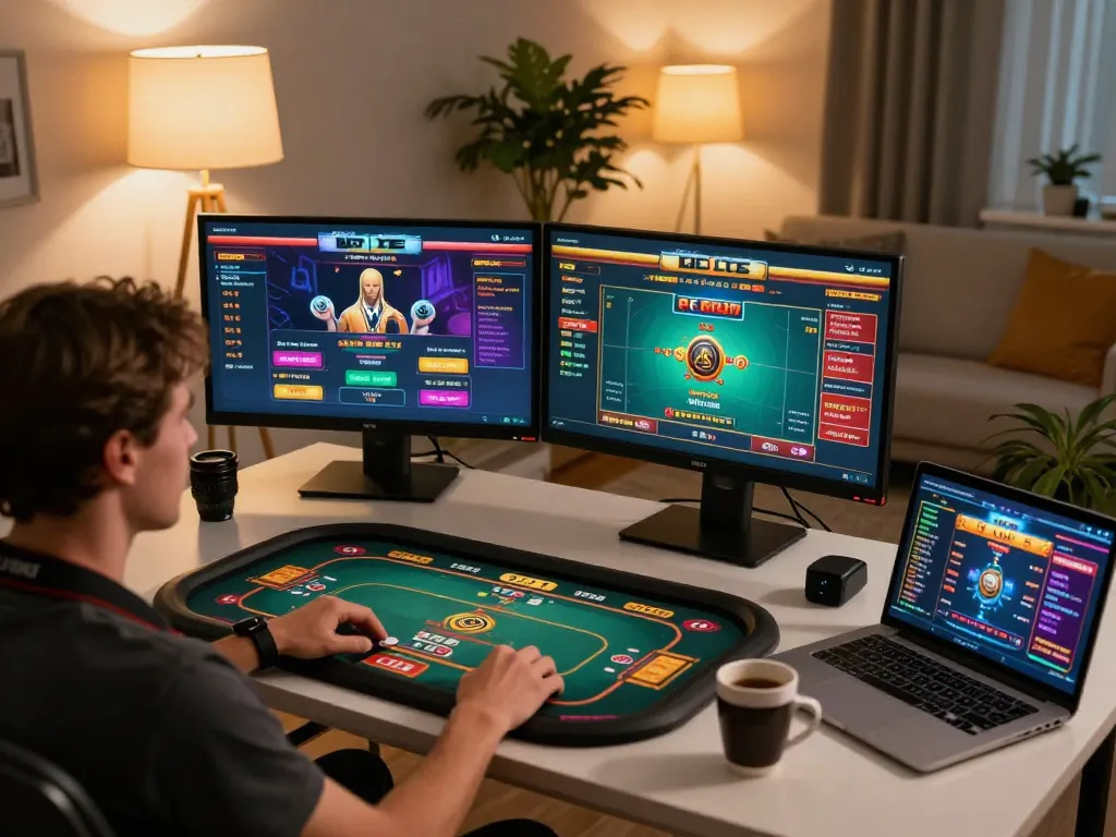 Sunwin player enjoying a dynamic online poker game setup in a cozy home environment.