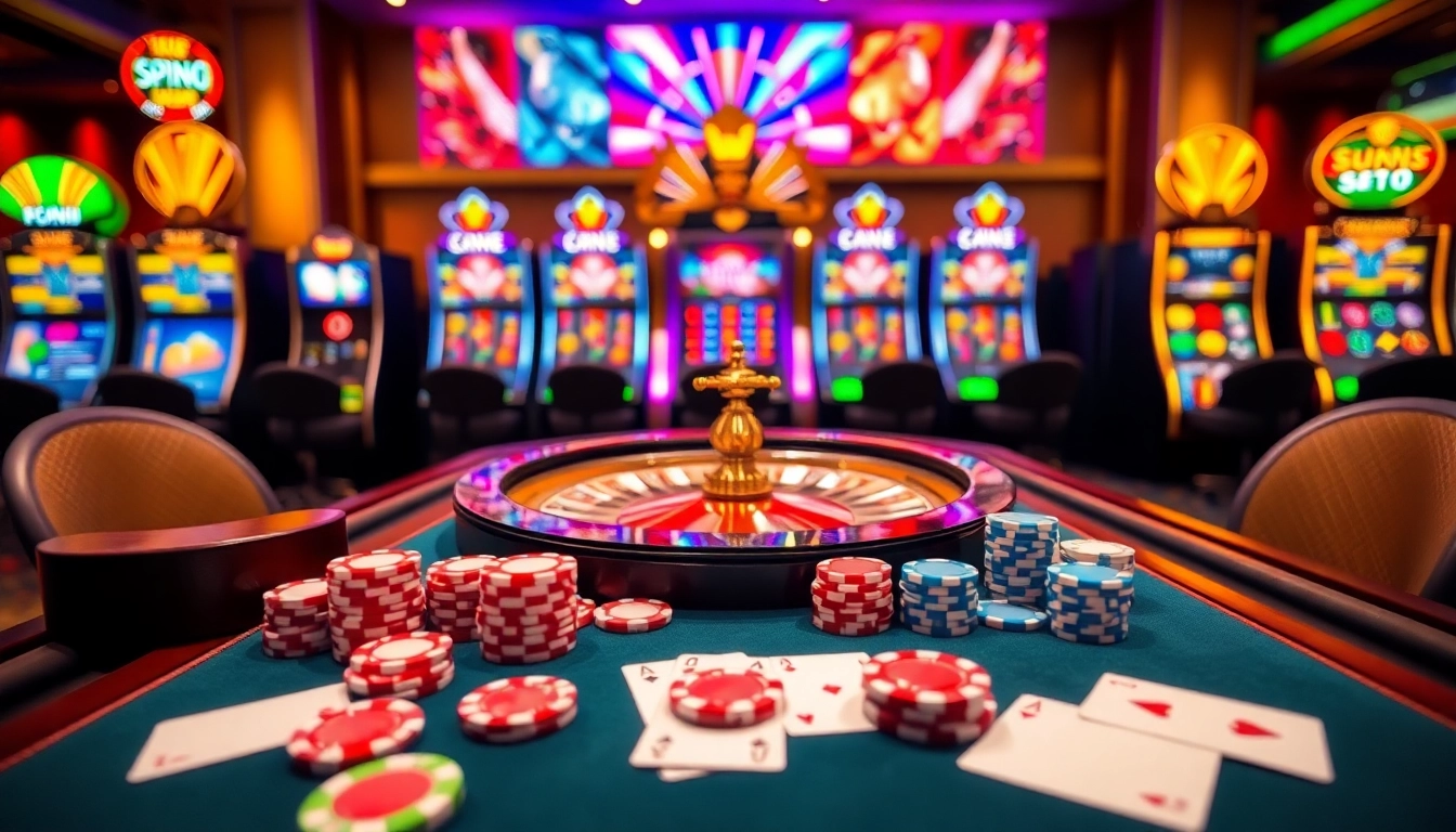 Experience thrilling gameplay at sunwin with exciting casino tables, chips, and vibrant slot machines.